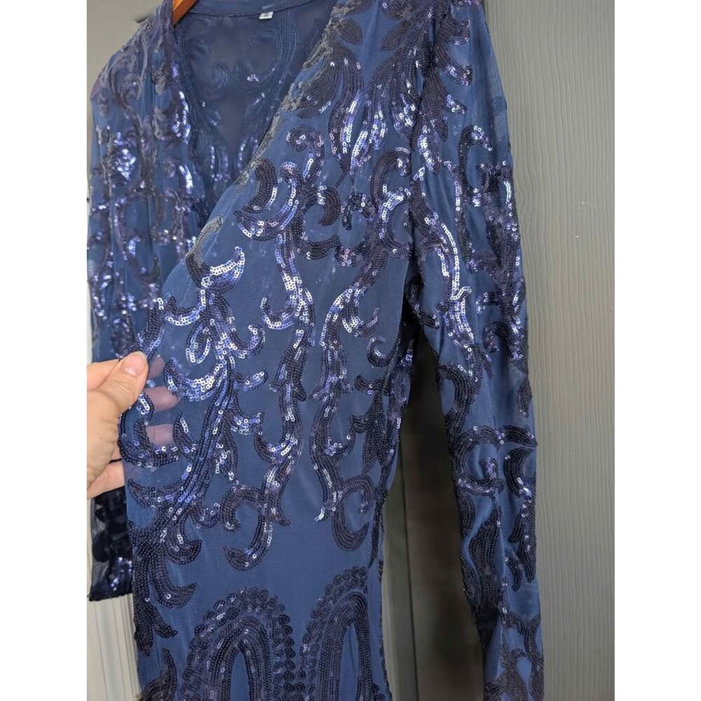 Sequin Mesh Duster Cardigan Navy Long Open Front Sheer Evening Cover Up Medium - Picture 7 of 8